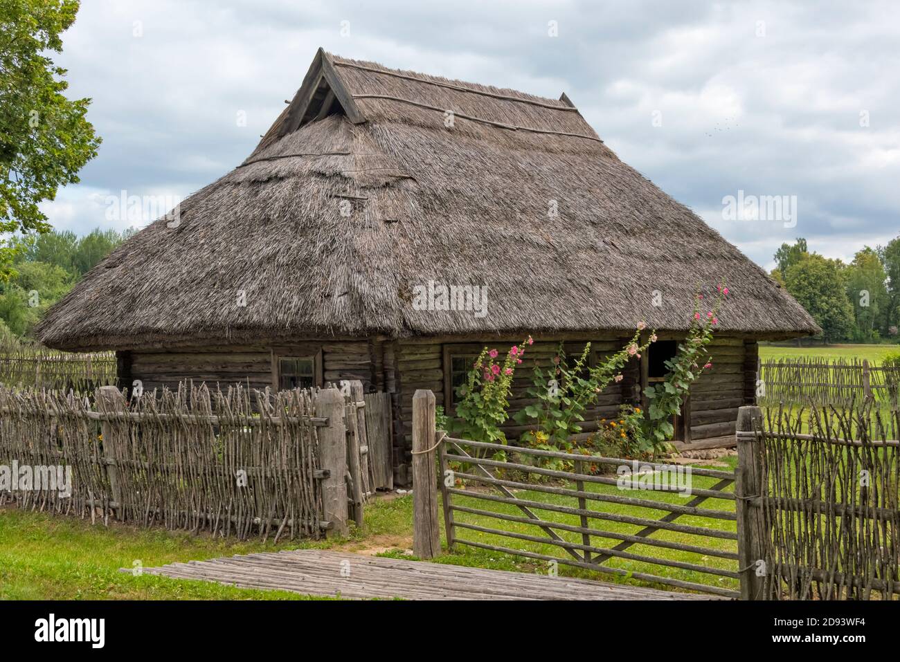 Wooden house with thatched roof at open-air ethnographic