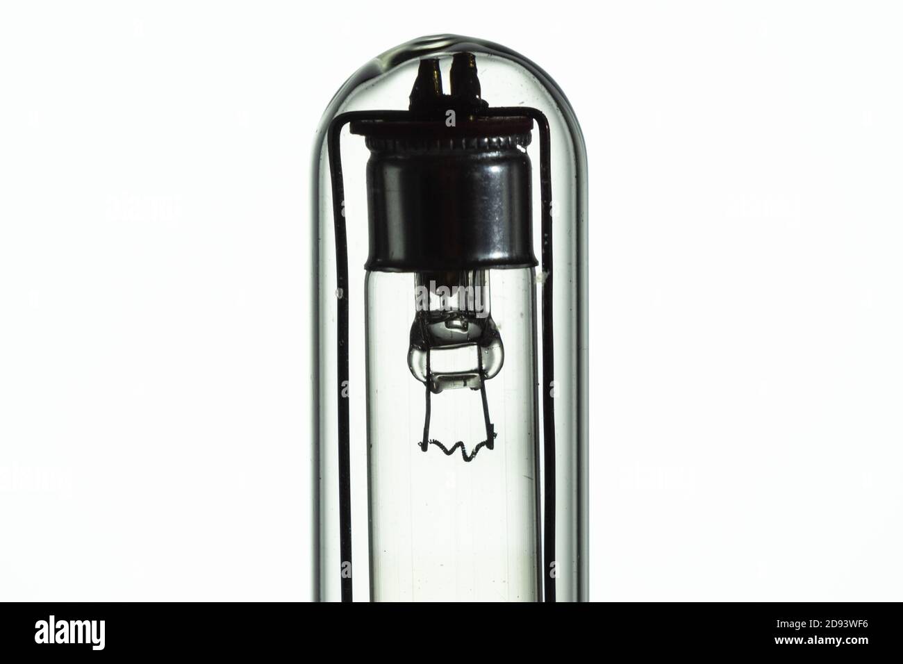 Closeup of fluorescent lamp cathodes in a clear tube. The coating on