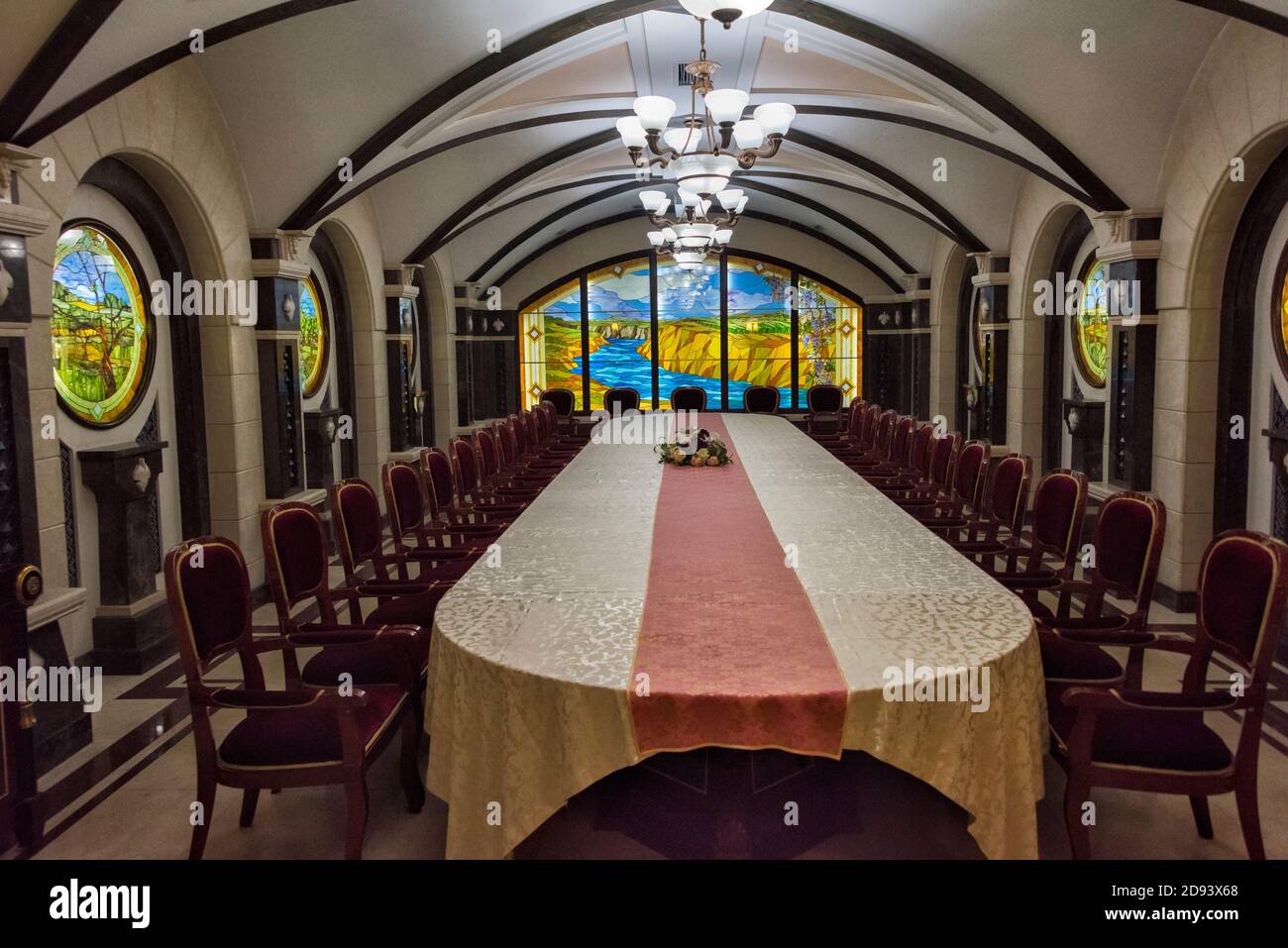 Dining table in the underground cellars of Cricova Winery, Chisinau, Moldova Stock Photo