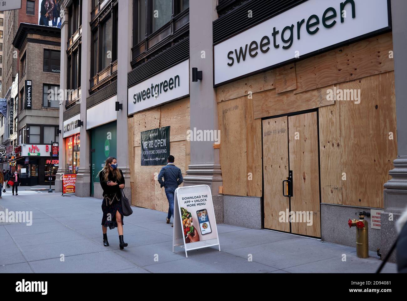 New York City, New York, United States. 2nd Nov, 2020. United States Election. Store fronts boarded up in the Herald Sqare section of Manhattan in anticipation of potential violence following Tuesday's United States Presidential election between Donald Trump and former Vice President Joe Biden. Credit: Adam Stoltman/Alamy Live News Stock Photo
