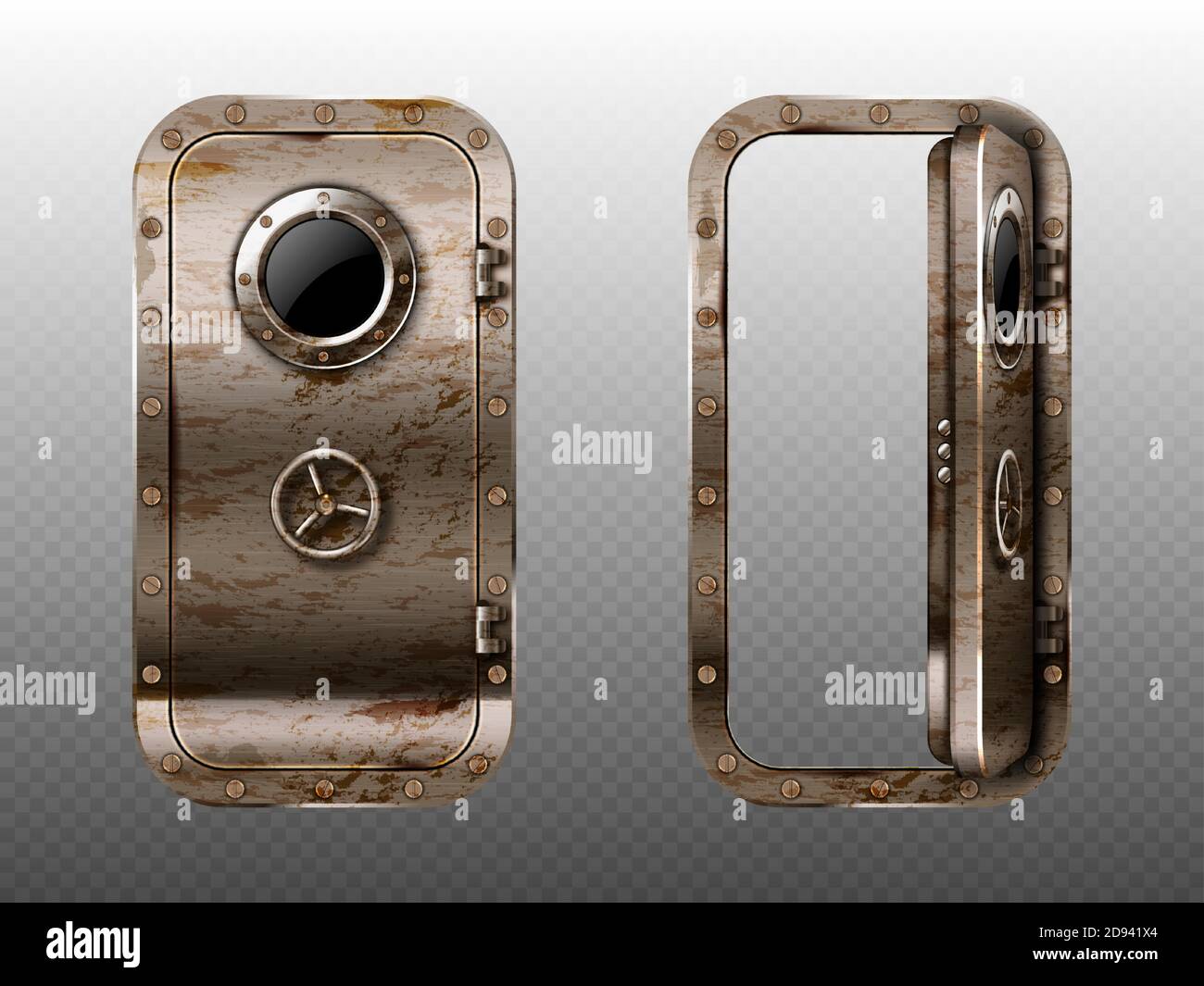 Old metal door with porthole, rusty submarine or bunker close and open entrance. Ship or secret laboratory steel bulletproof doorway with illuminator and rotary valve lock wheel realistic 3d vector Stock Vector