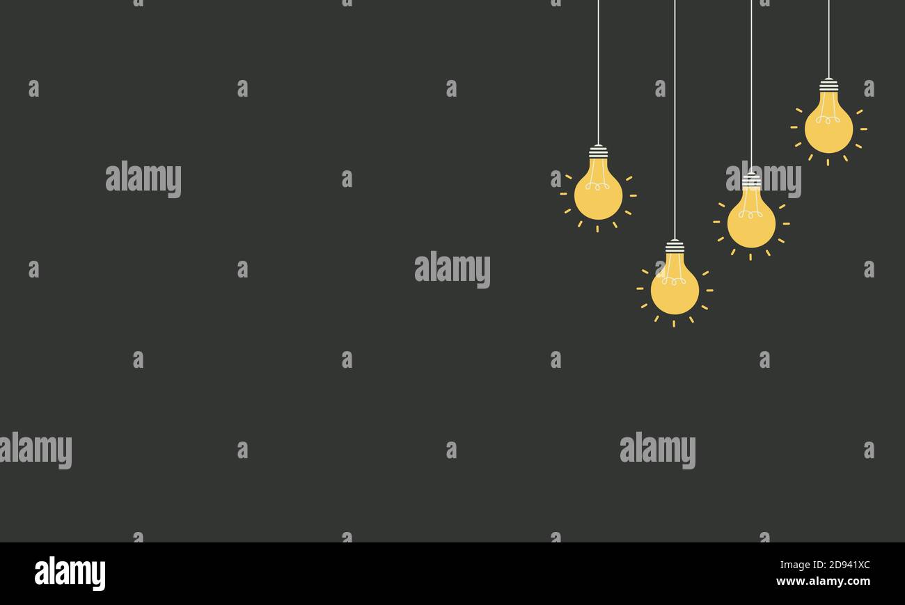 Set of hanging light bulbs. Trendy flat vector light bulb icons with concept of idea on black background. Stock Vector