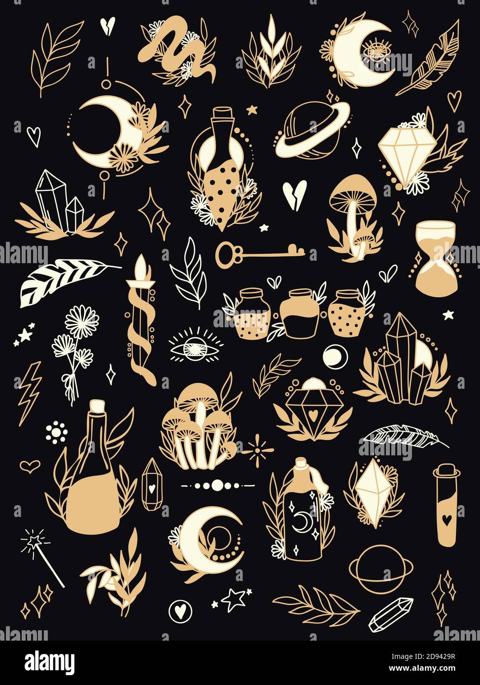 Magic Hand drawn, doodle, sketch line style set. Witchcraft symbols.Ethnic esoteric collection with hands, moon, crystals, plant, eye, palmistry Stock Vector