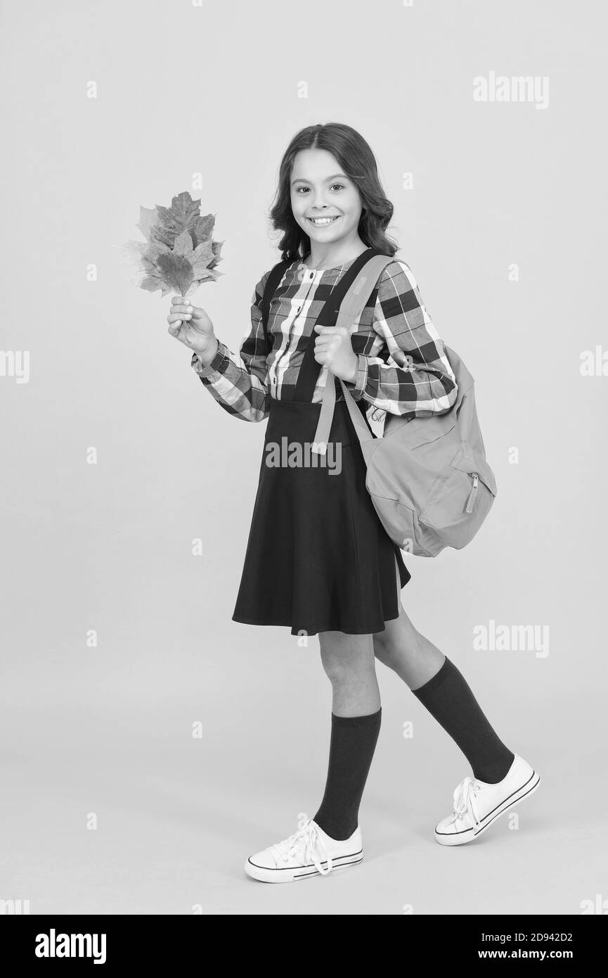 Classy school look. Happy little child have formal look in school dress. Adorable girl with fashion look. Vogue look of small fashion model. School dress code. Stock Photo