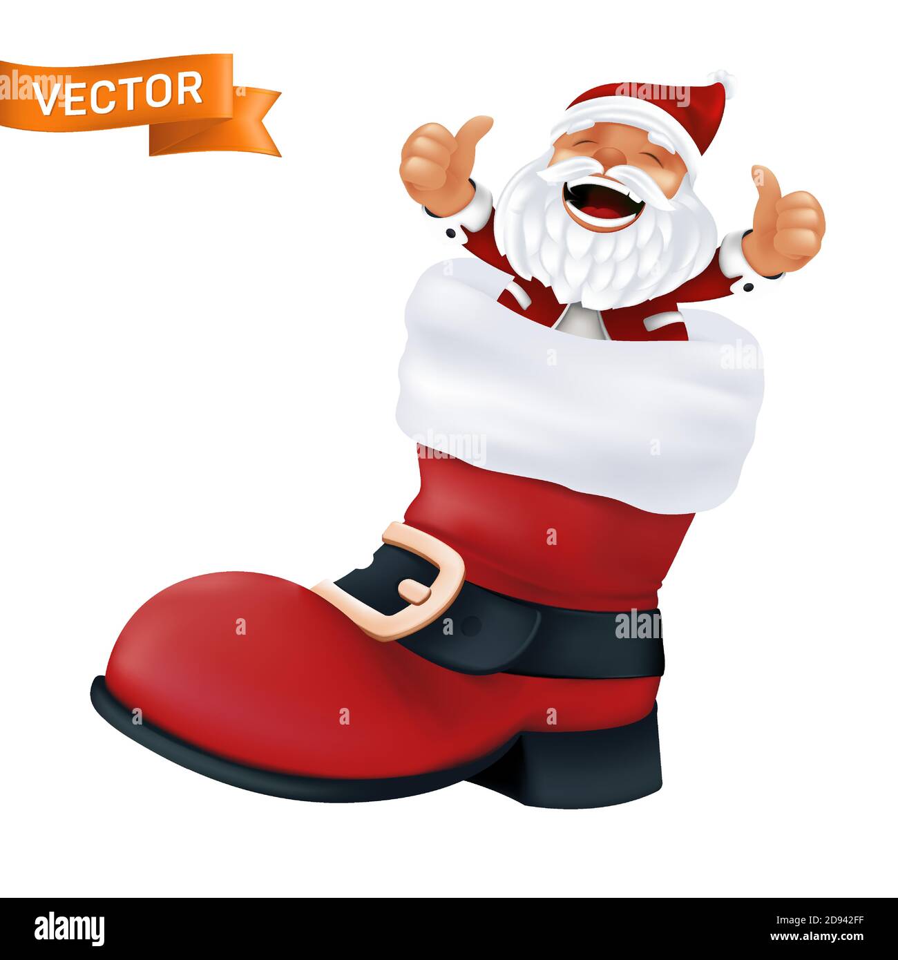Red boot of Santa Claus with a white fur and a black belt with a golden buckle. Realistic vector illustration of a funny character and a Christmas foo Stock Vector