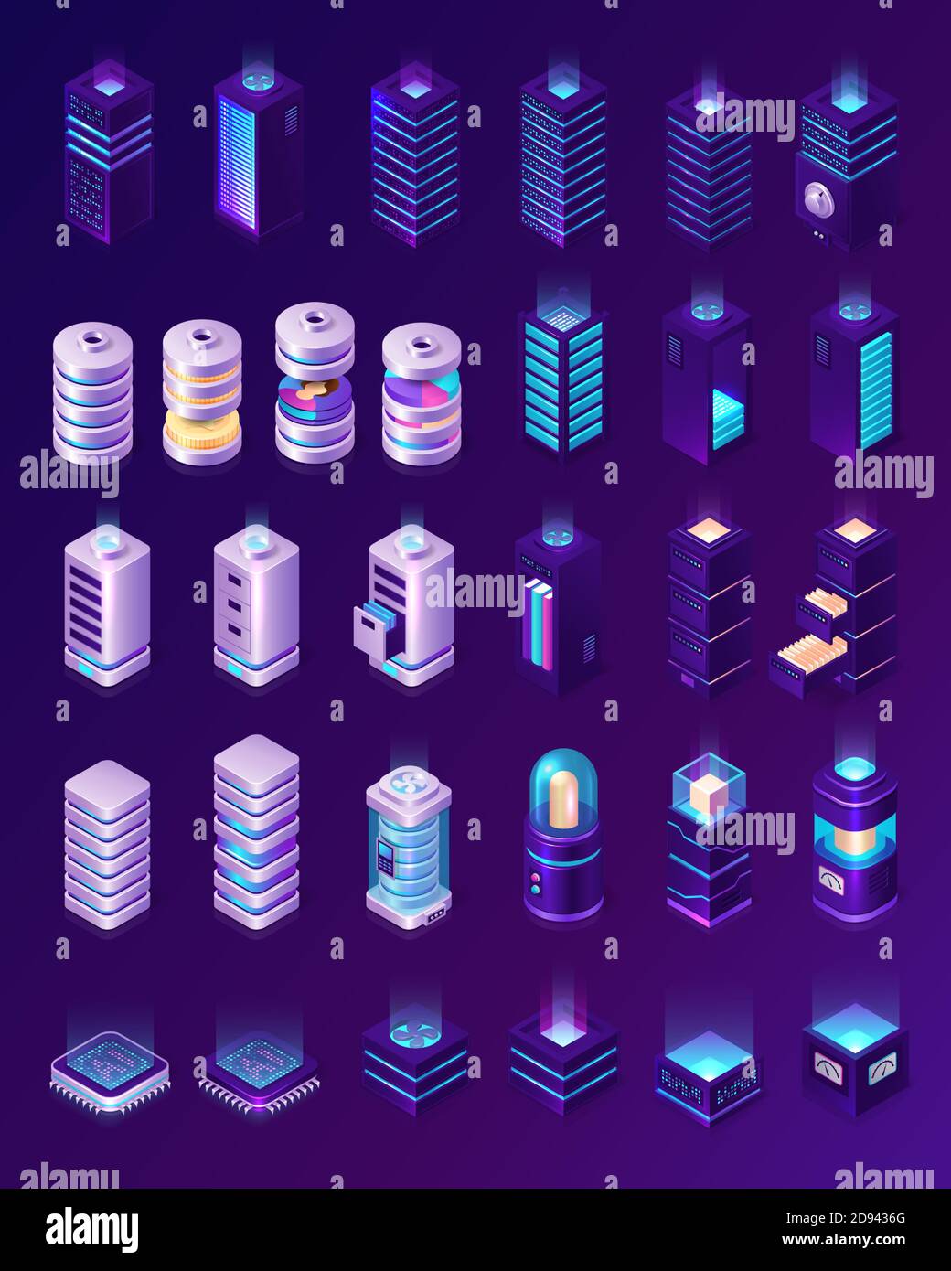 Isometric data center, server room equipment, hardware racks or web hosting infrastructure icons isolated on ultraviolet background, database storage technology, cloud computing services 3d vector set Stock Vector