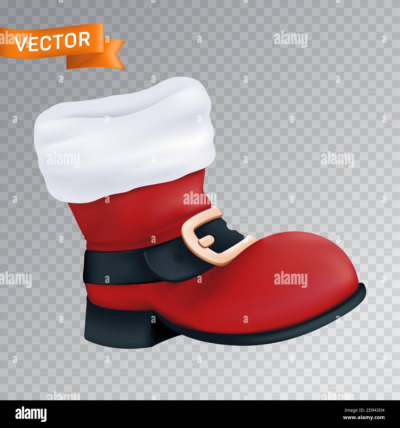 Red boot of Santa Claus with a white fur and a black belt with a golden buckle. Realistic vector illustration of an empty close up Christmas footwear Stock Vector