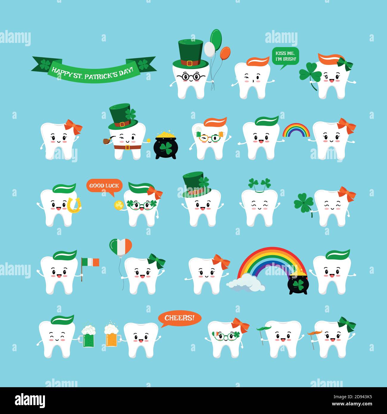 St Patrick cute teeth icon set isolated on background. Stock Vector