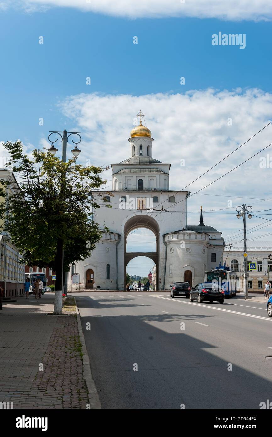 Vladimir, Russia, July 28, 2020. Golden gate in Vladimir. Tourist ...