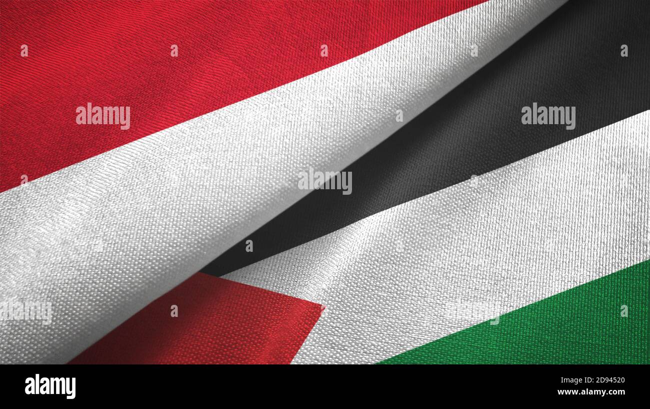 Indonesia and Palestine two flags textile cloth, fabric texture Stock Photo