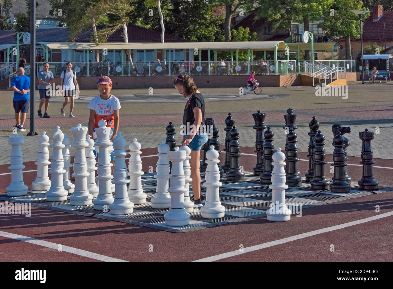 Big chess board on the street, Zelenogradsk (German name Crantz), Kaliningrad Oblast, Russia Stock Photo