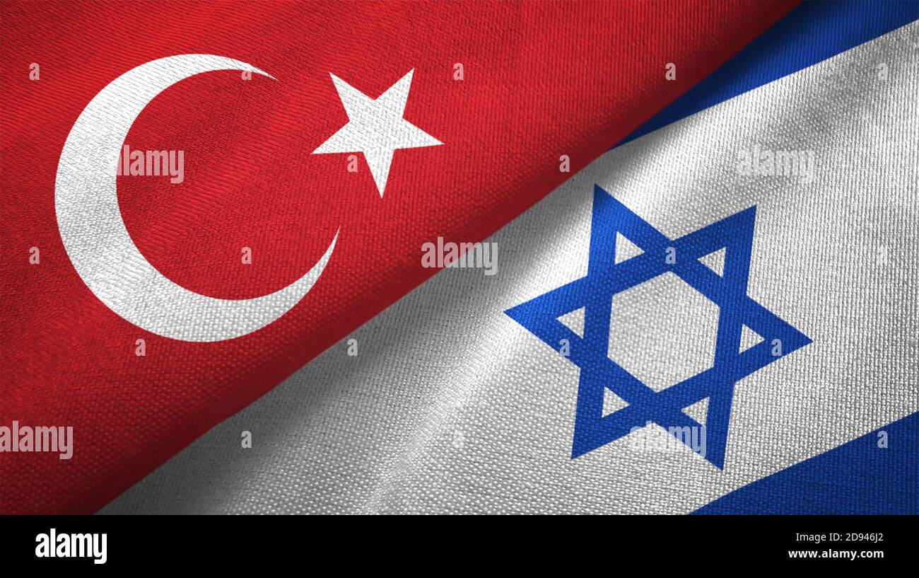 Turkey and Israel two flags textile cloth, fabric texture Stock Photo