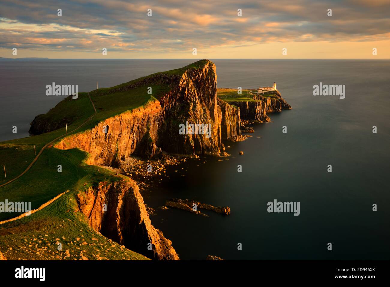 Neist Point lighthouse at sunset, the Isle of Skye Stock Photo