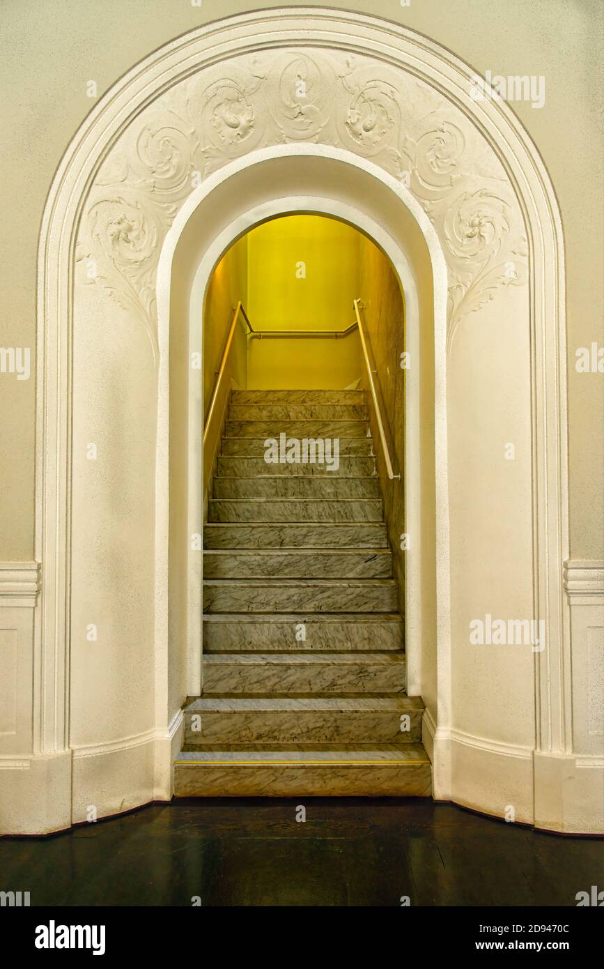 Arched entrance to the stairwell in the lobby of the art-boutique hotel, Hotel B, in the coastal neighborhood of Barranco in Lima, Peru Stock Photo