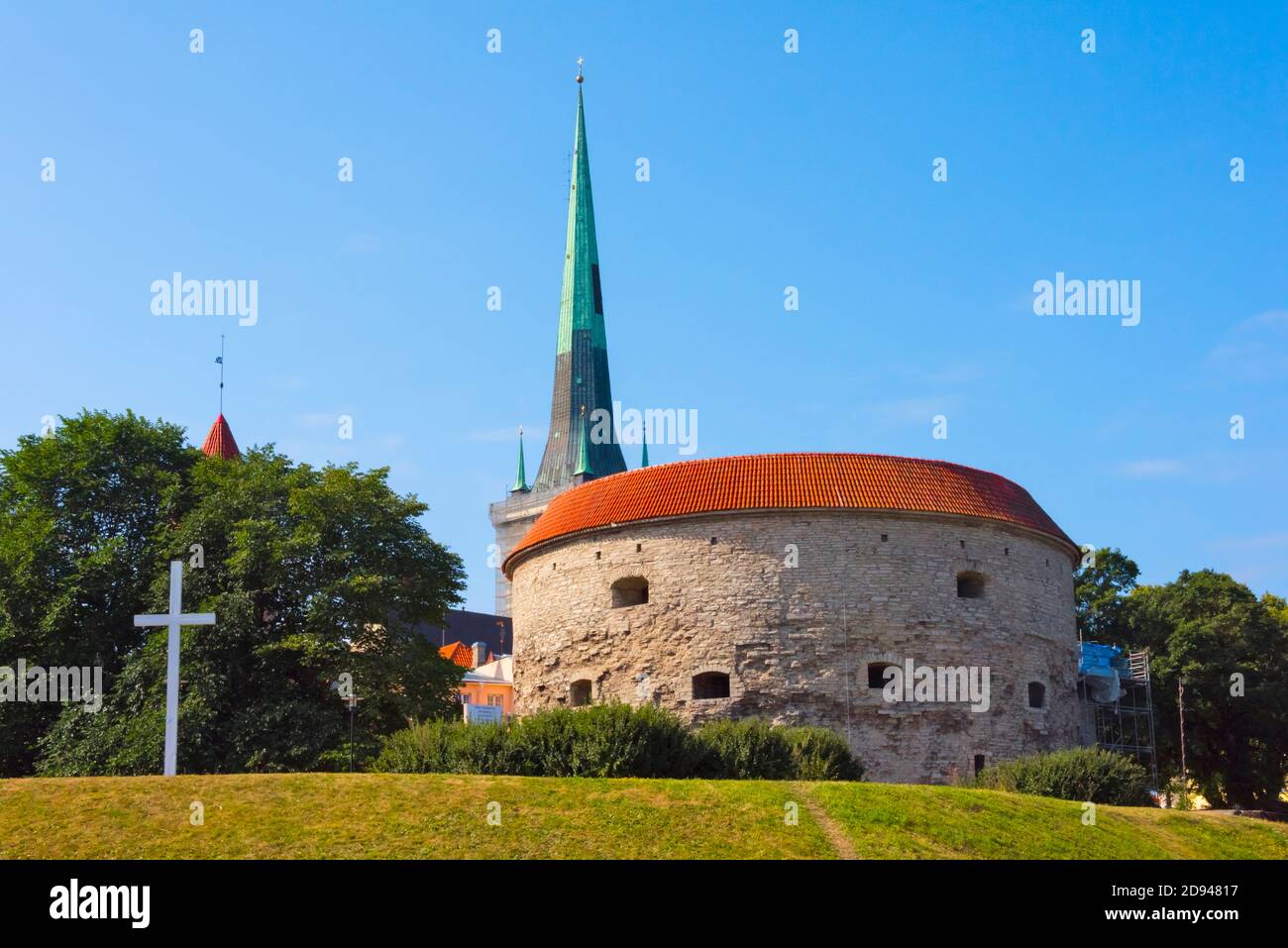 Spire of St. Olaf's church and Fat Margret Tower, Tallinn, Estonia Stock Photo