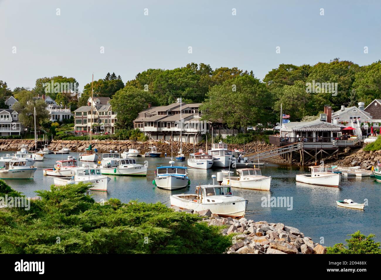 Scenic view of boats in beautiful Perkins Cove, Ogunquit, Maine, United States. Stock Photo