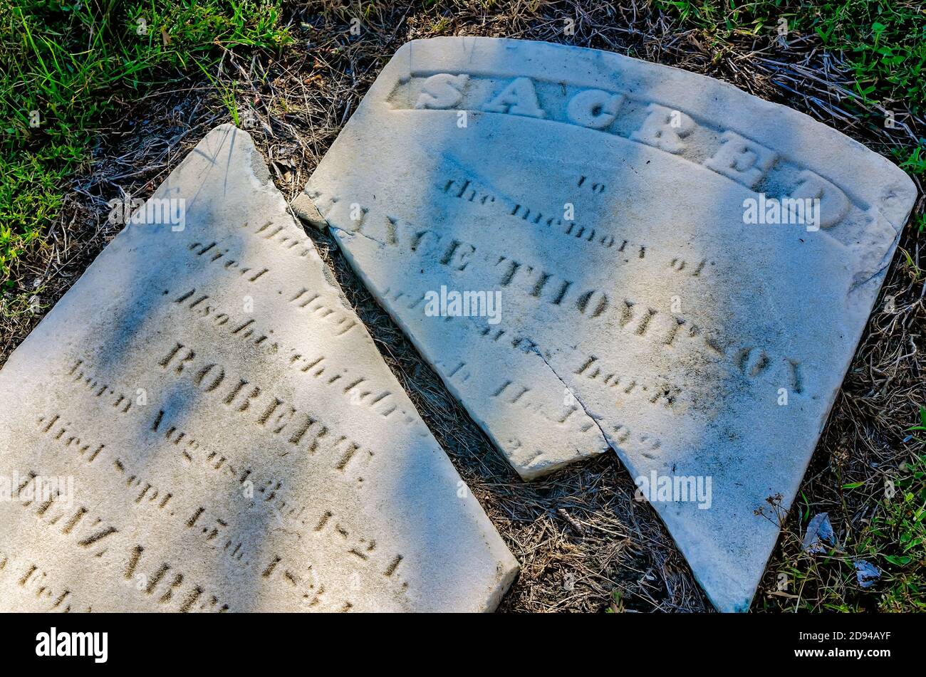 An ornate concrete headstone dating to 1831 lays broken in Church Street Graveyard, Oct. 31, 2020, in Mobile, Alabama. Stock Photo