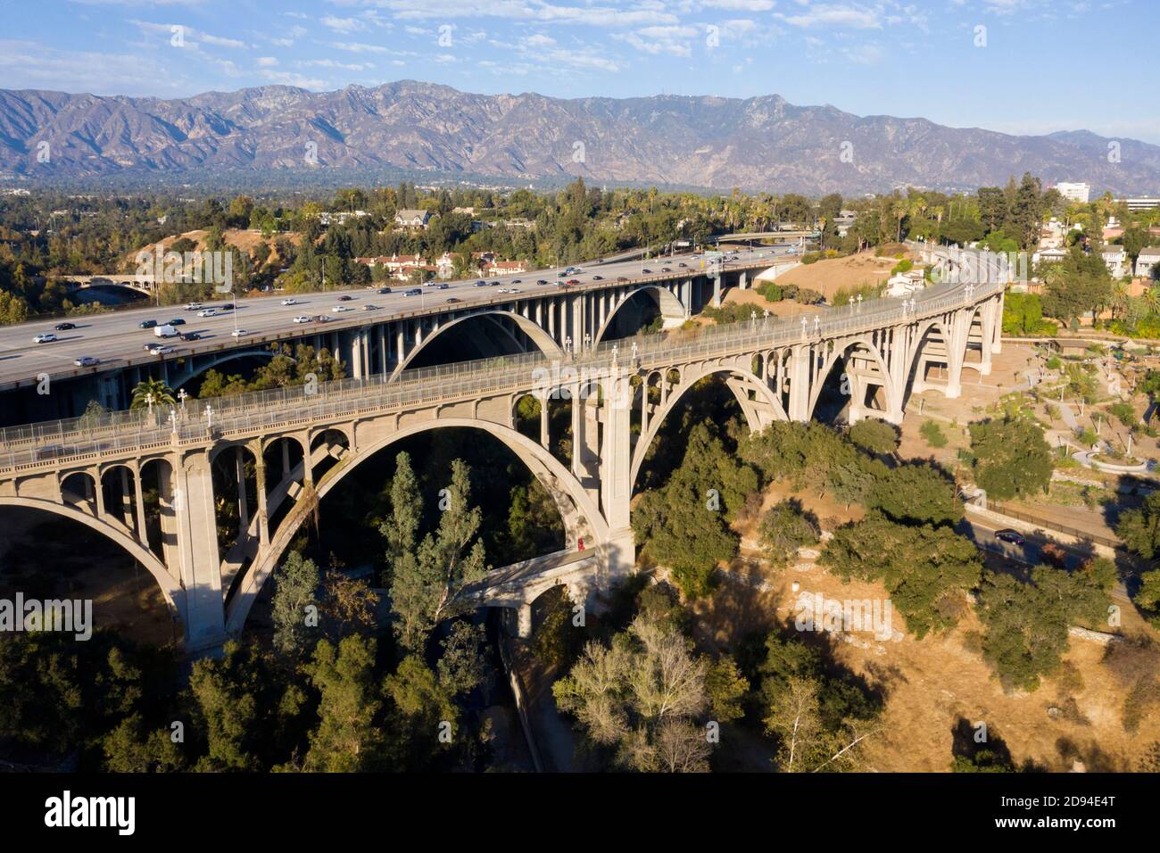 Aerial view of the historic Colorado Street arched bridge over the Arroyo Seco in Pasadena, California Stock Photo