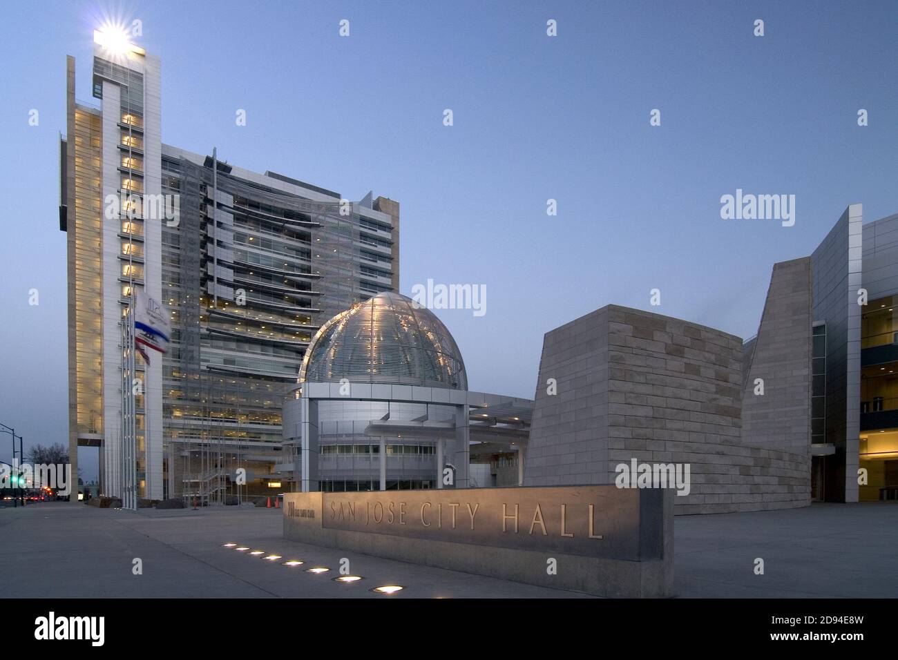 Evening view of San Jose City Hall dome and tower, California by architect Richard Meier Stock