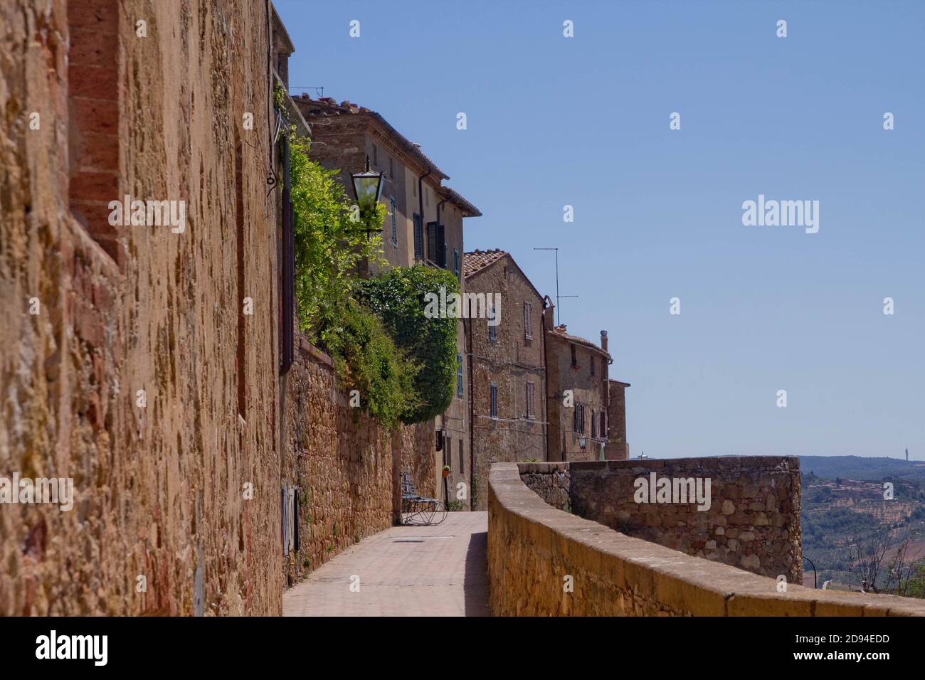 Pienza alley with view to the country side Stock Photo
