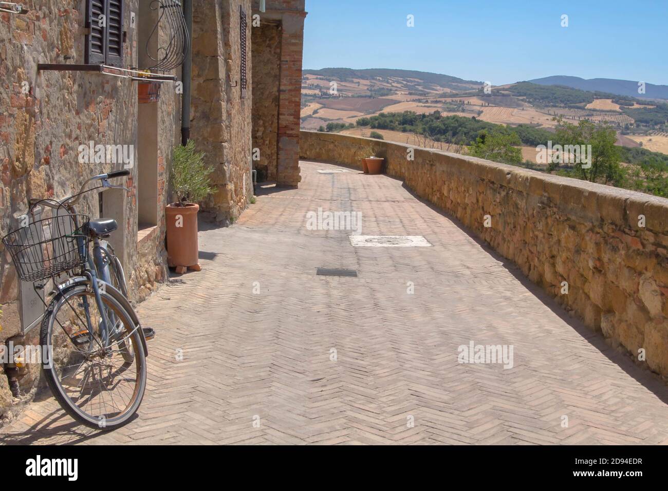 Pienza alley with view to the country side Stock Photo