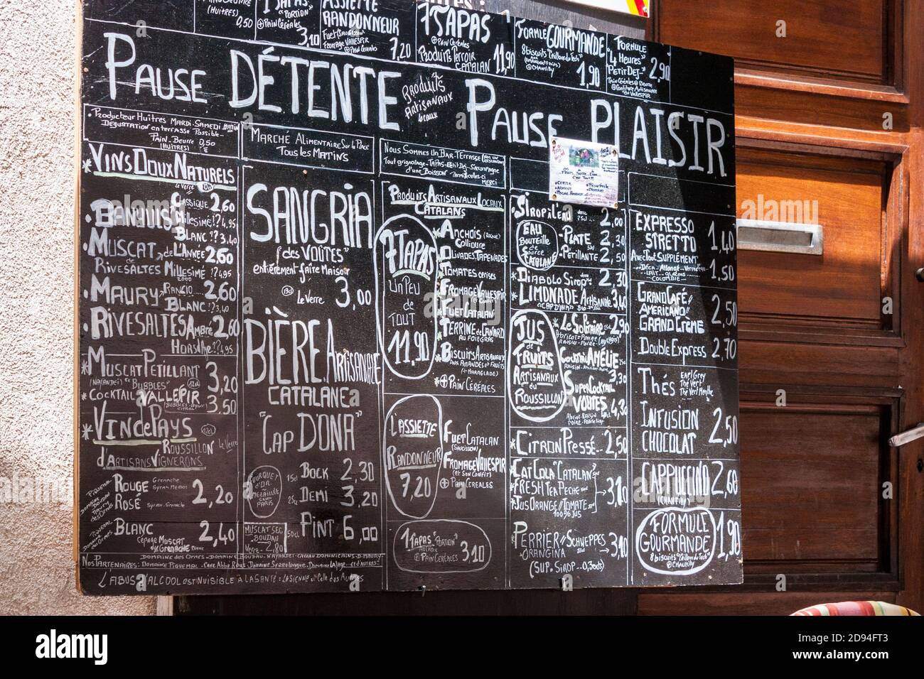 Chalkboard menu outside cafe in Amelie les Bains, France, Europe Stock Photo