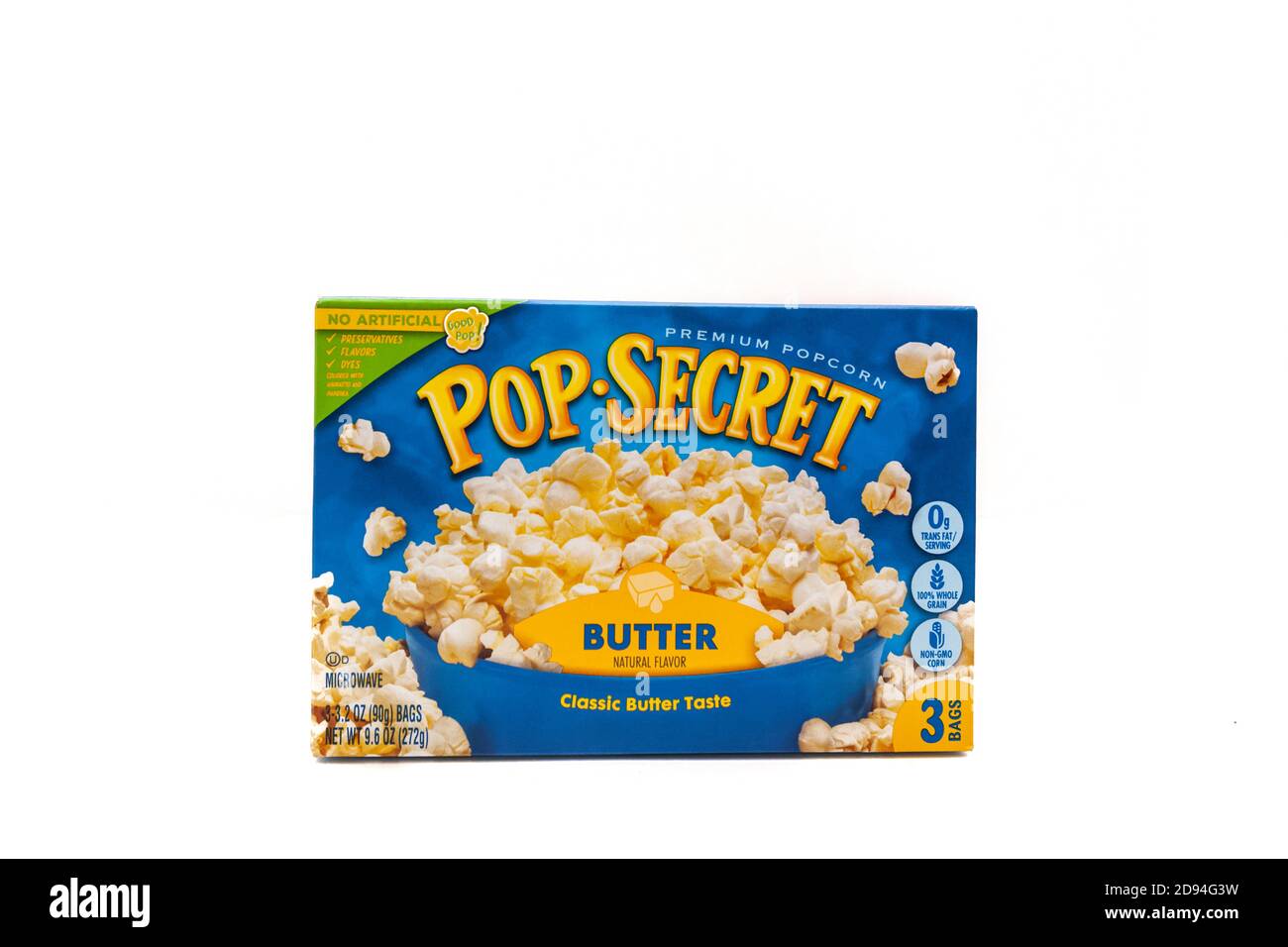 Three pack box of pop secret popcorn butter flavor isolated on a white