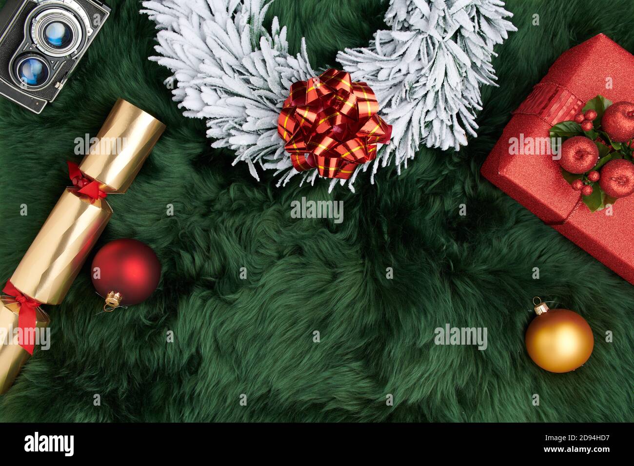 Merry Christmas. flat lay with wreath, present box, golden Victorian