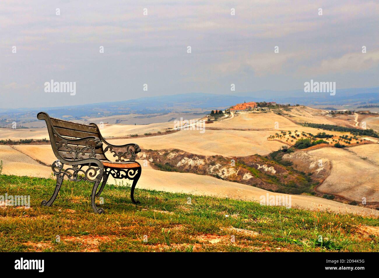 Old Wood And Metal Bench Seat Overlooking Landscape Creta Province Of Siena Tuscany Italy Stock Photo Alamy