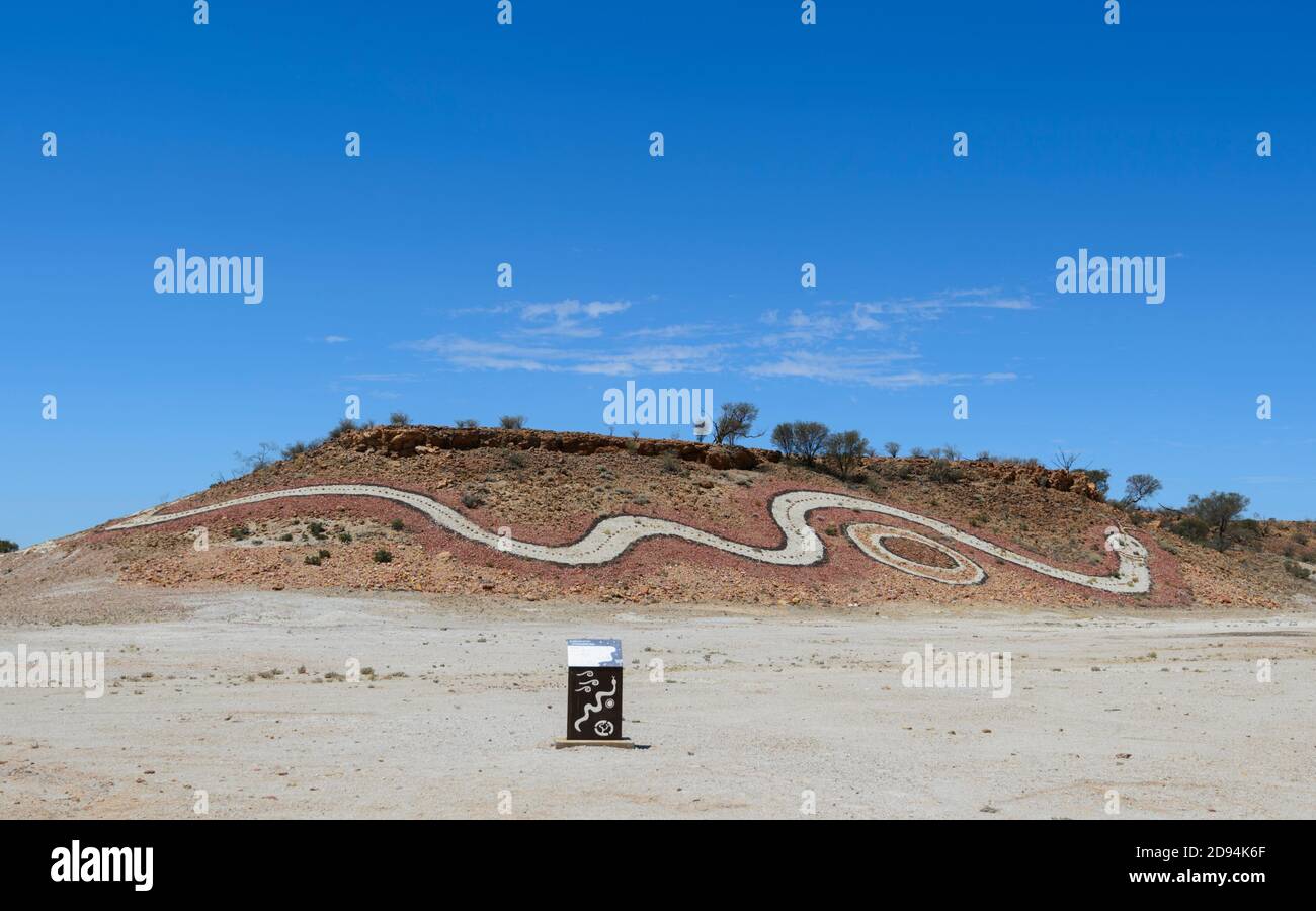 The Dreamtime Serpent is a hillside artwork created with all the different types of gravel and gibbers which are found throughout the Diamantina Shire Stock Photo