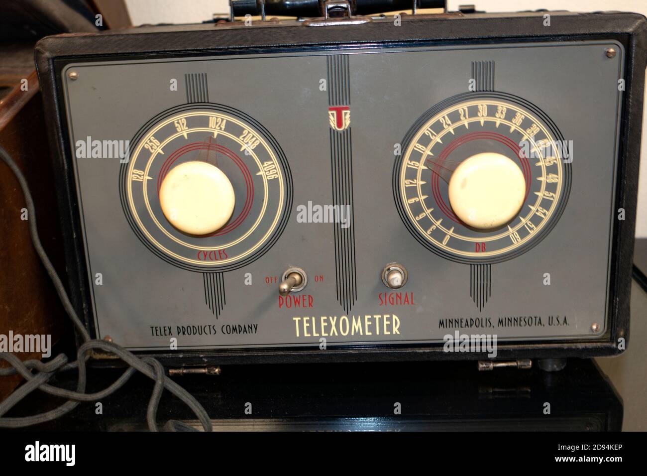 Antique Telexometer testing equipment for hearing on display at the Starkey Company. Eden Prairie Minnesota MN USA Stock Photo