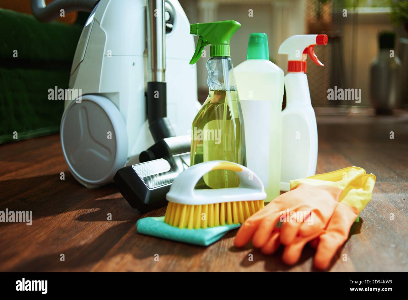 vacuum cleaner, cleaning bottles, rubber gloves, brush and cleaning