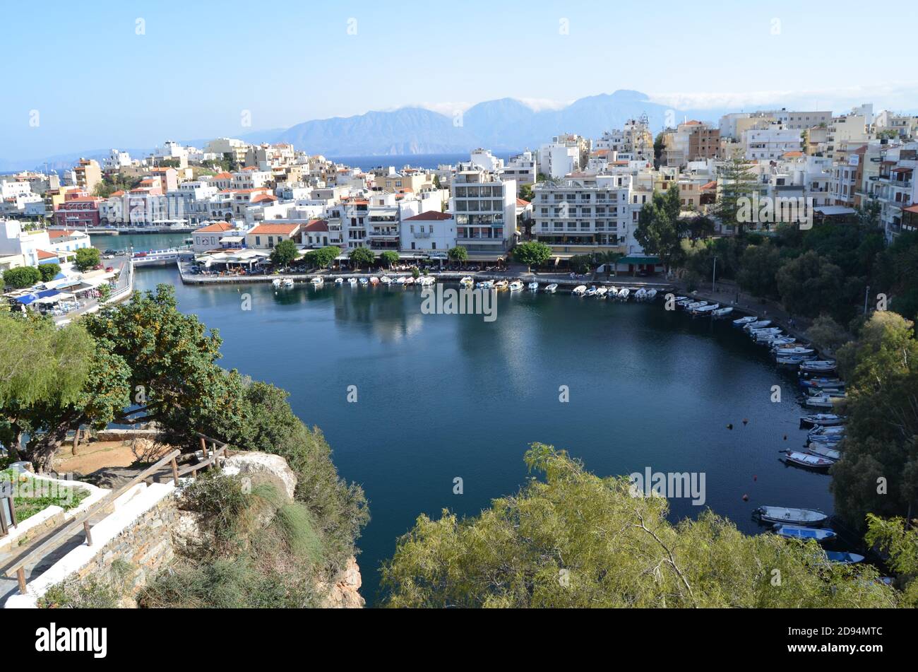 Aerial view of Almyros beach near the town of Agios Nikolaos in Crete, Greece Stock Photo
