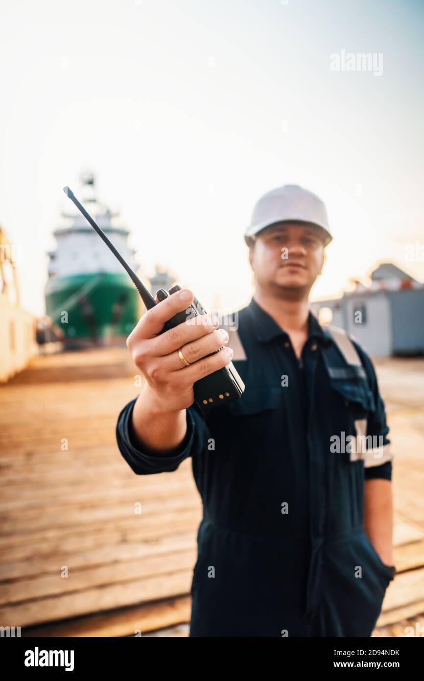 Marine Deck Officer or Chief mate on deck of offshore vessel or ship Stock Photo