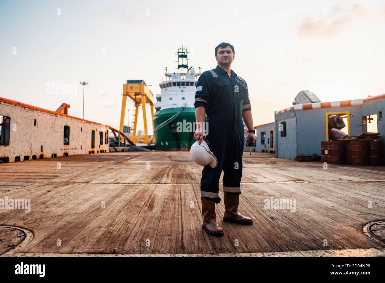 Marine Deck Officer or Chief mate on deck of offshore vessel or ship Stock Photo