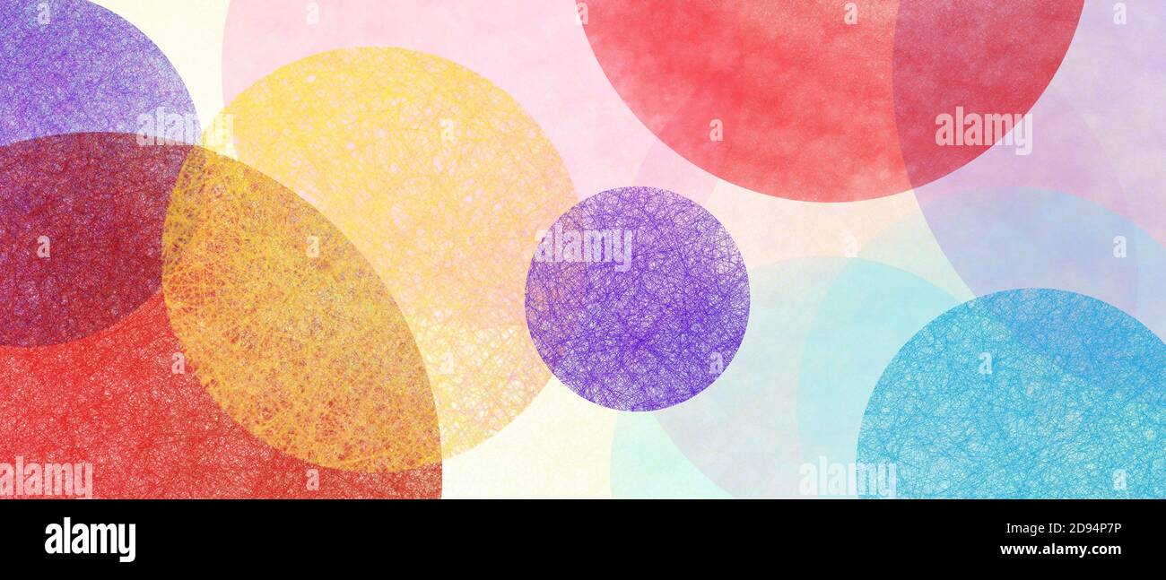 Abstract modern art background style design with circles and spots in colorful blue, yellow, red, and purple on light beige or white background Stock Photo
