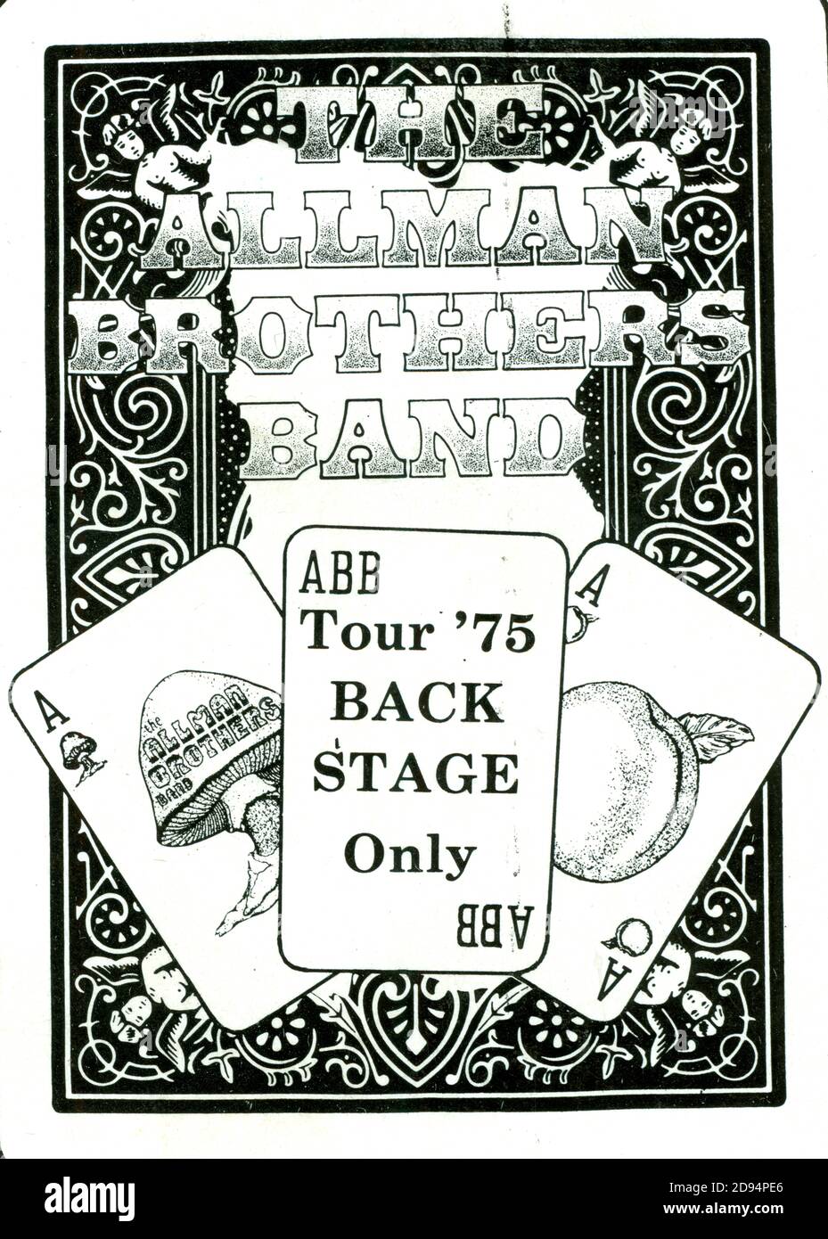 Allman Brothers Band backstage pass. This was from their November 18, 1975 concert at the Milwaukee Arena in Milwaukee, Wisconsin, USA. Through much of the 1970s, most music bands and performers did not print their own passes, but rather, where ever they played, they depended on the local show promoter to provide passes and security.  To see my other Music-related vintage images, Search:  Prestor vintage music Stock Photo