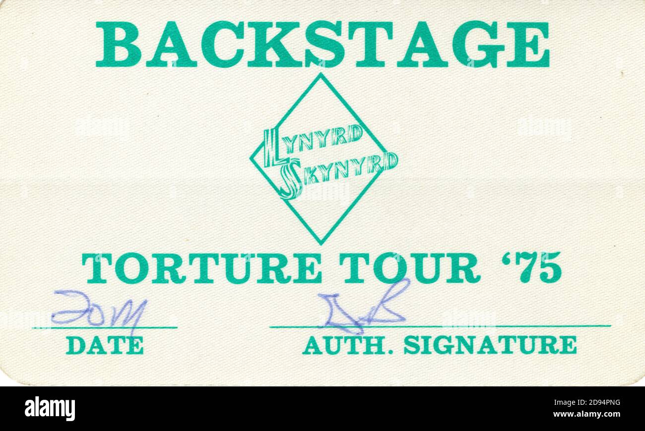 Lynyrd Skynyrd Torture Tour Backstage Pass This Was From The May 1975 Concert At The Milwaukee Auditorium Milwaukee Wisconsin Usa In 1977 Their Airplane Crashed Killing Three Band Members