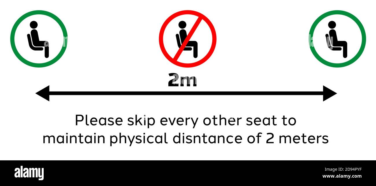 Seating Guidelines for public places. Pictogram to encourage people to maintain physical or social distance of 2 meters to curb to spread of COVID-19. Stock Vector