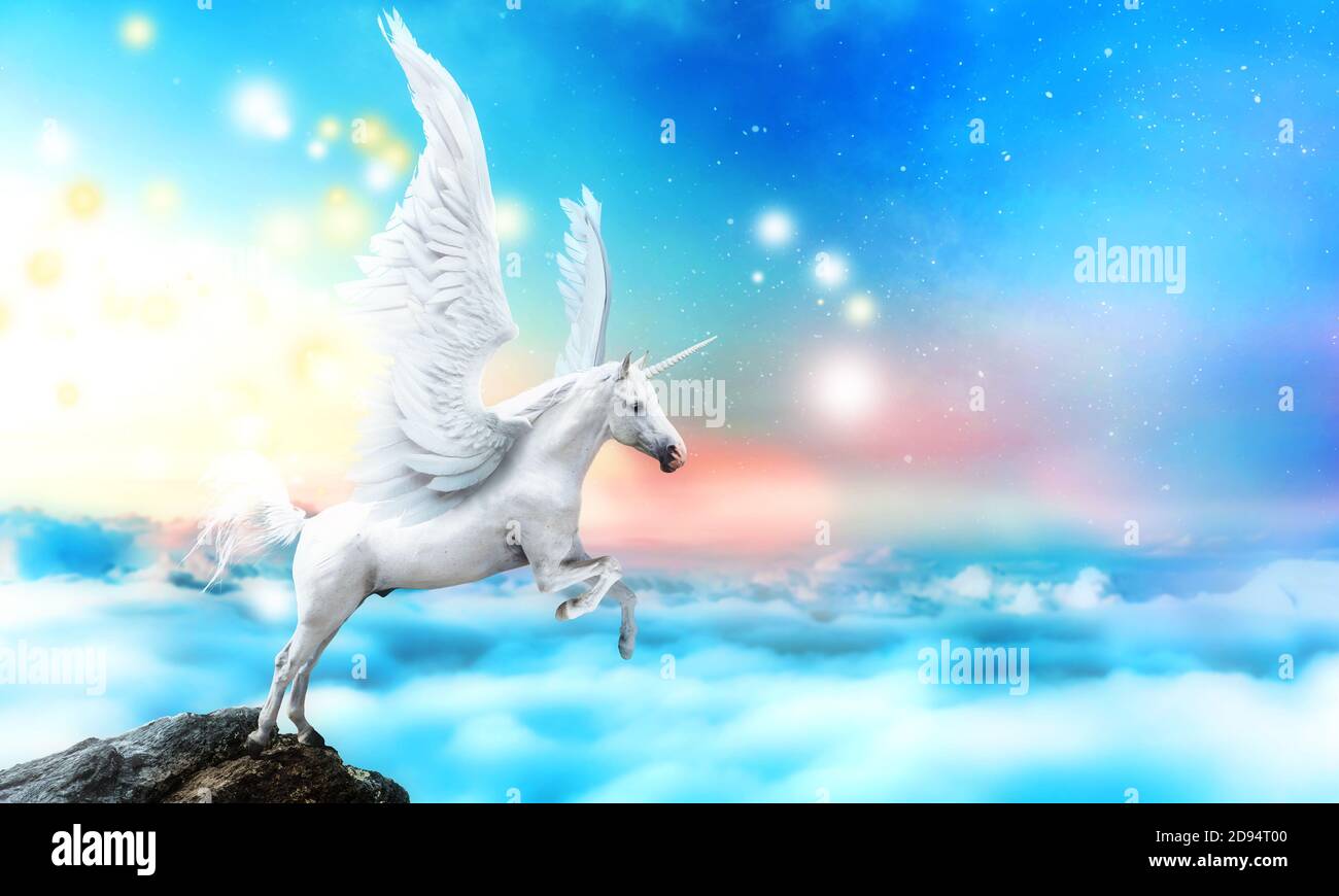 White pegasus unicorn in a cliff high above the clouds Stock Photo