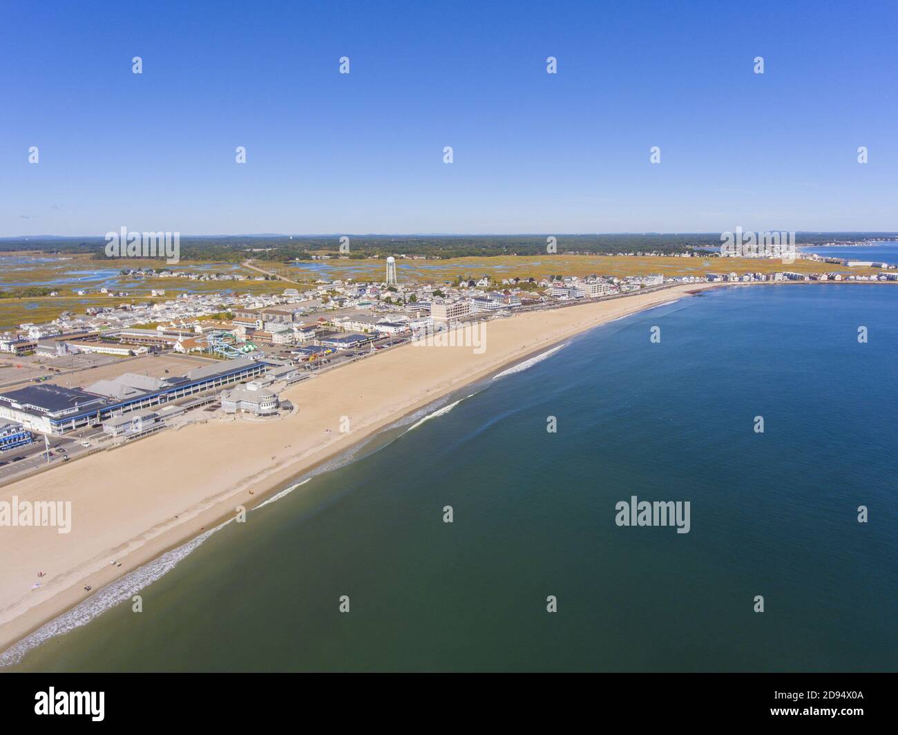 Hampton Beach aerial view including historic waterfront buildings on