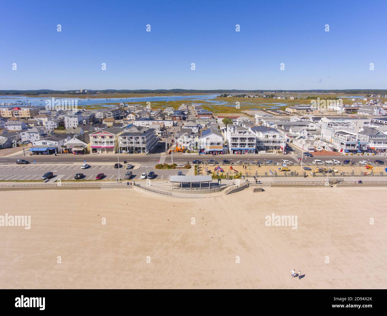 Hampton Beach aerial view including historic waterfront buildings on