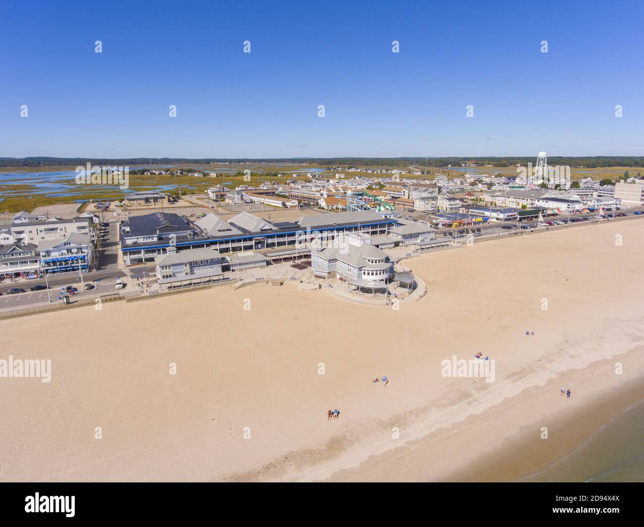 Hampton Beach aerial view including historic waterfront buildings on