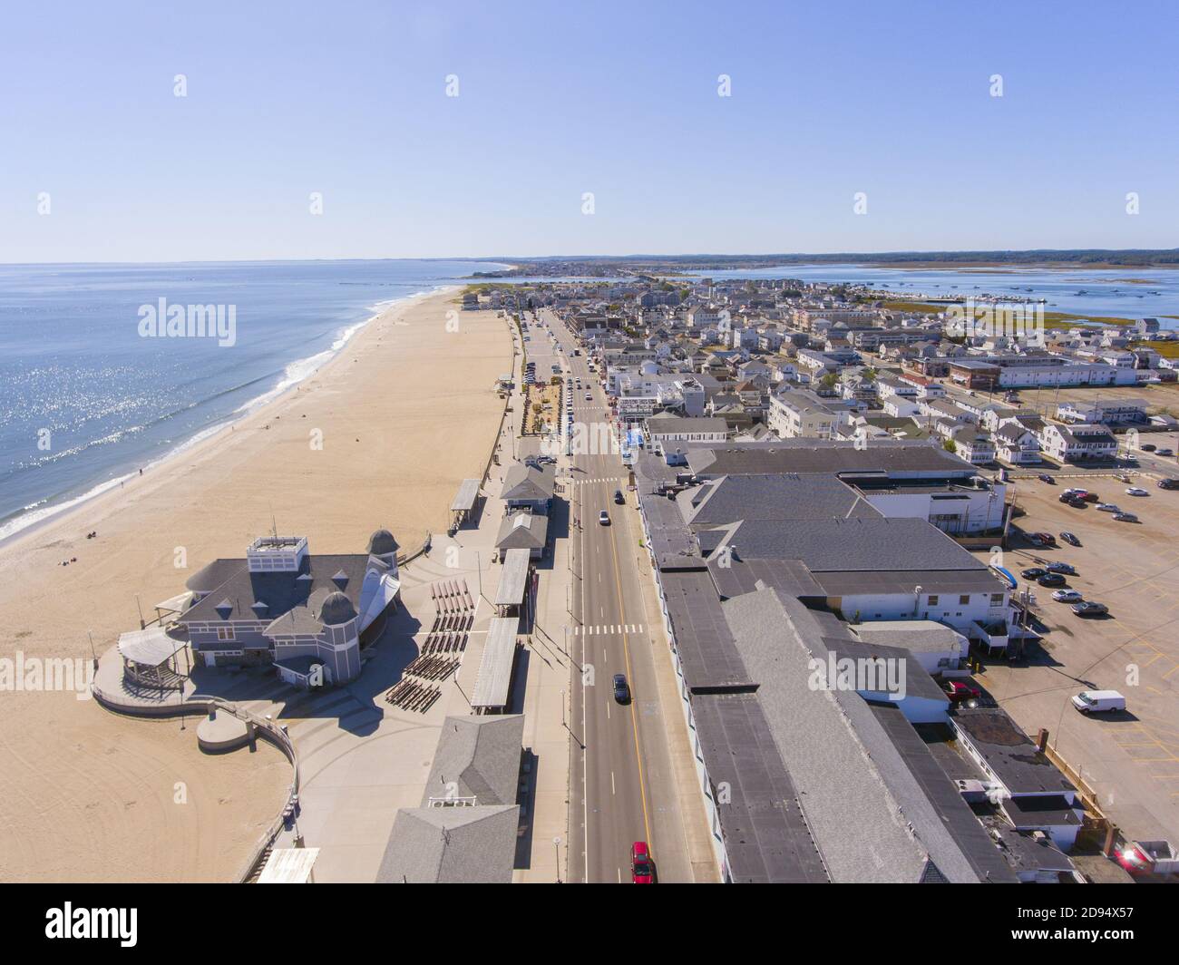 Hampton Beach aerial view including historic waterfront buildings on