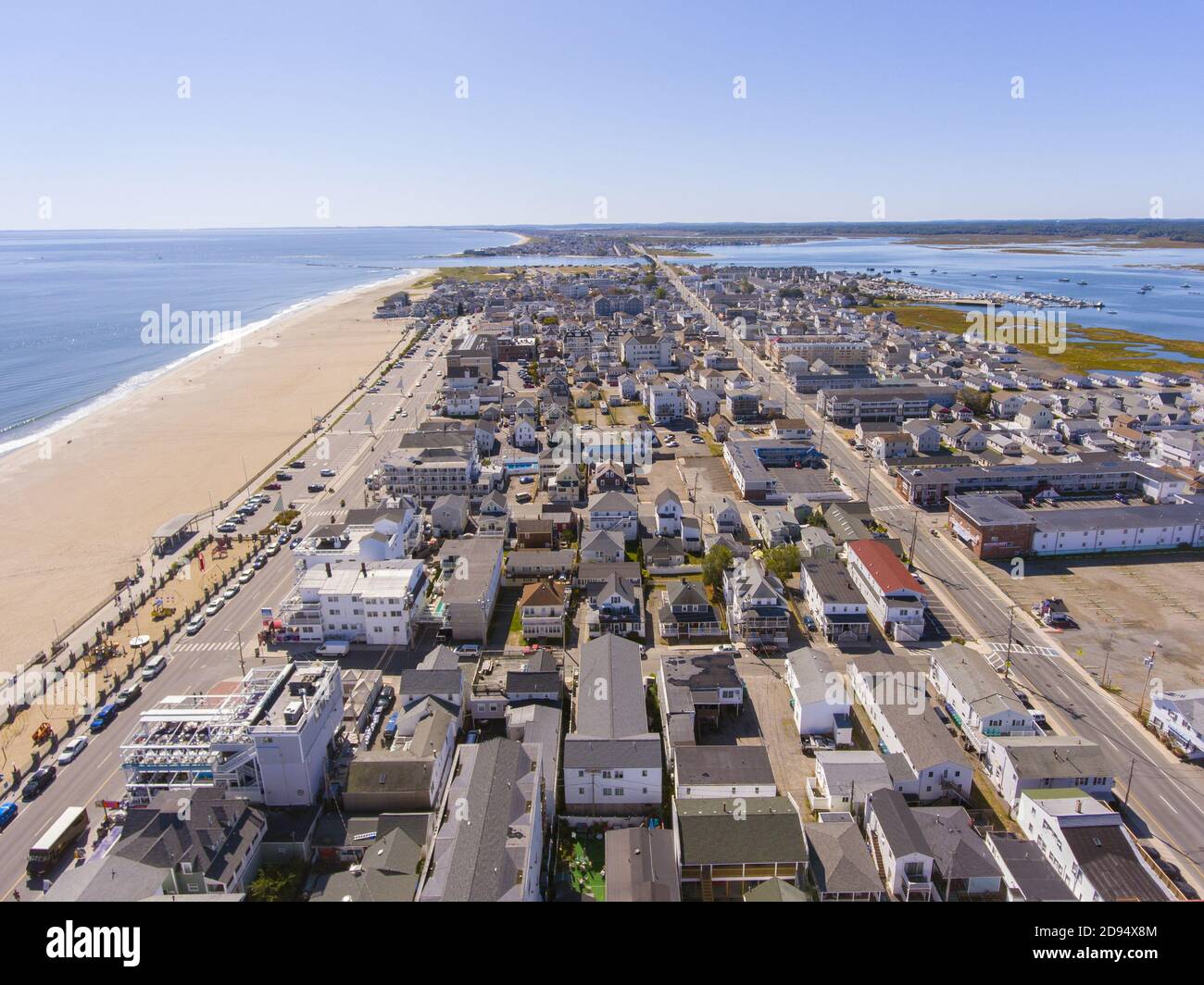 Hampton Beach aerial view including historic waterfront buildings on