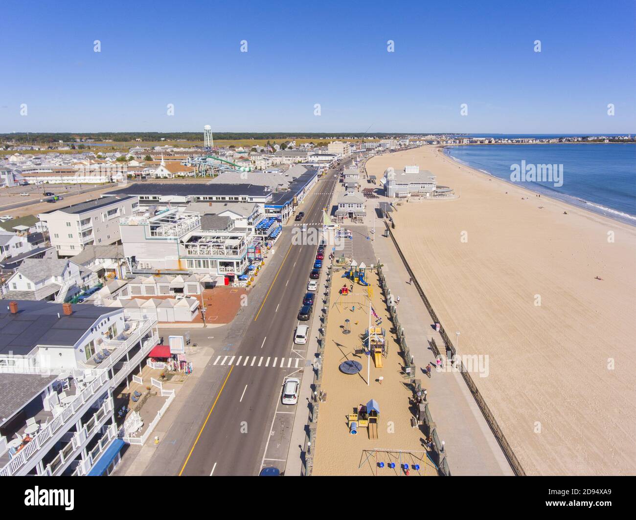 Hampton Beach aerial view including historic waterfront buildings on