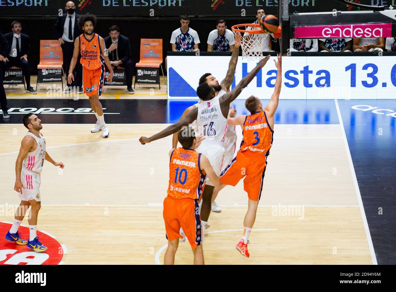 Klemen Prepeli? of Valencia, scores a goal during the Spanish basketball  league (Liga Endesa) match between Valencia Basket and Real Madrid at the  Fuente San Luis Pavilion in Valencia, Spain.Final score; Valencia