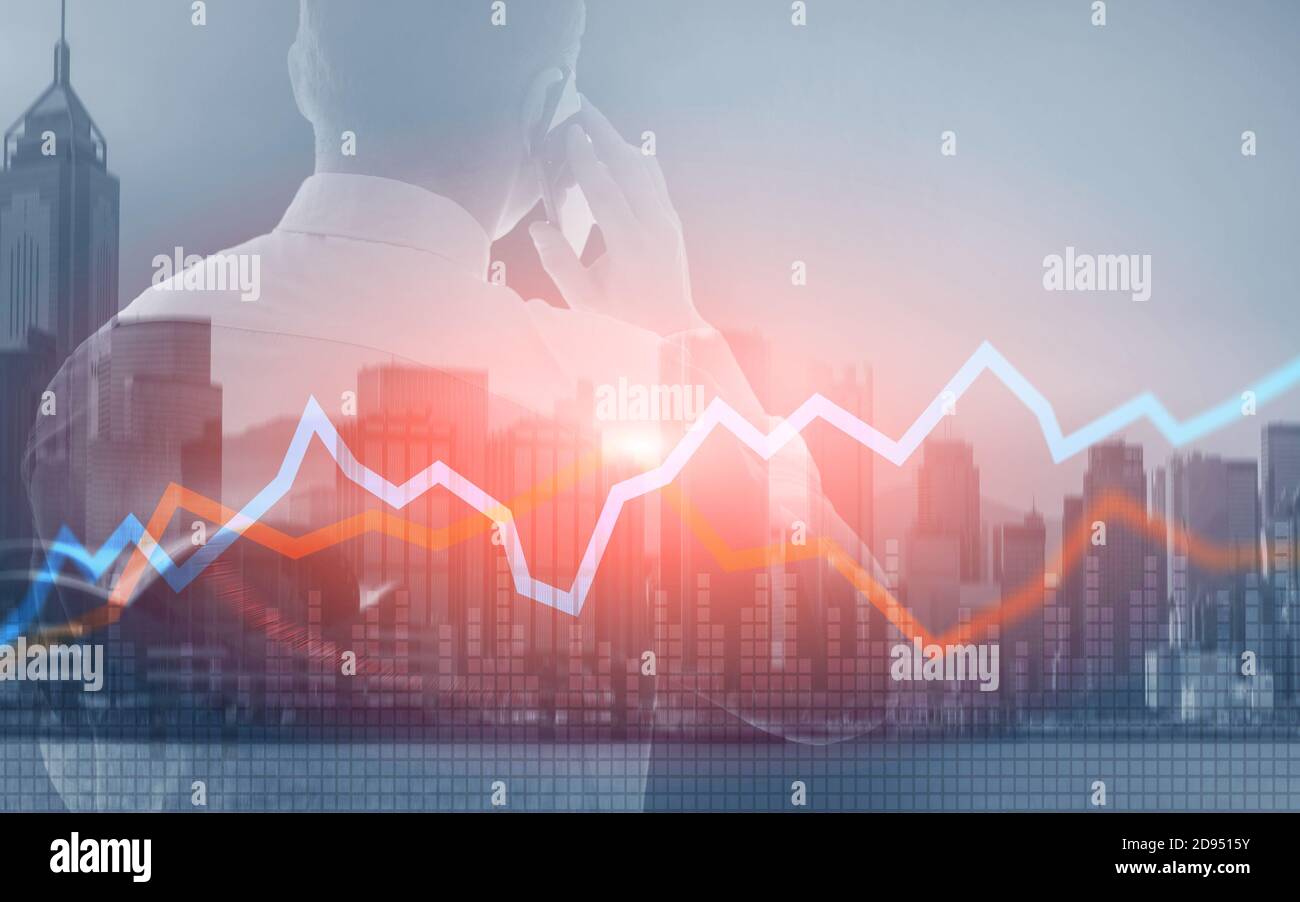 Red and blue lines. Candles chart diagram graph stock trading investment business finance concept. Stock Photo
