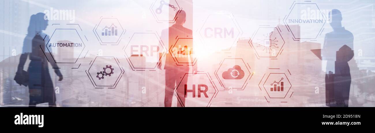 Erp Crm Hr Innovation inscriptions and icons on business background. Stock Photo
