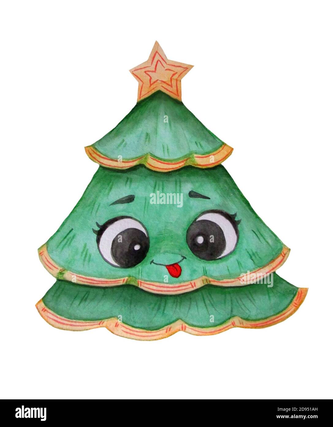 Cute character. A green Christmas tree with a face, a smile and a ...
